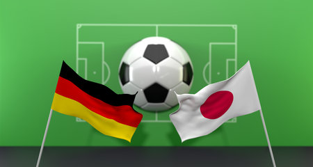 Germany vs Japan soccer Match , on blur background with soccer field, 3D work and 3D image